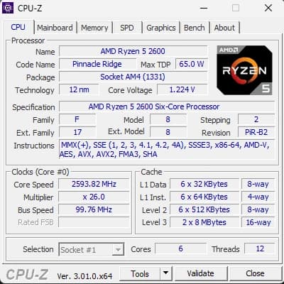 CPU-Z: AMD Ryzen 5 2600, 6 nhân và 12 luồng