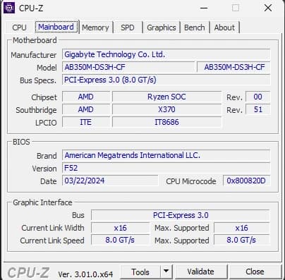 CPU-Z: mainboard Gigabyte AB350M-DS3H-CF