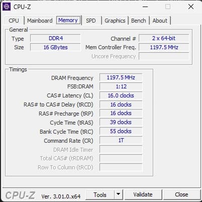 CPU-Z: RAM 16GB DDR4, Dual Channel