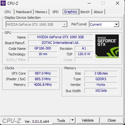 CPU-Z: ZOTAC NVIDIA GeForce GTX 1060, 3GB GDDR5